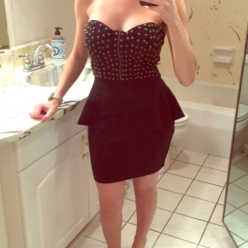 Black mini dress with gold studs